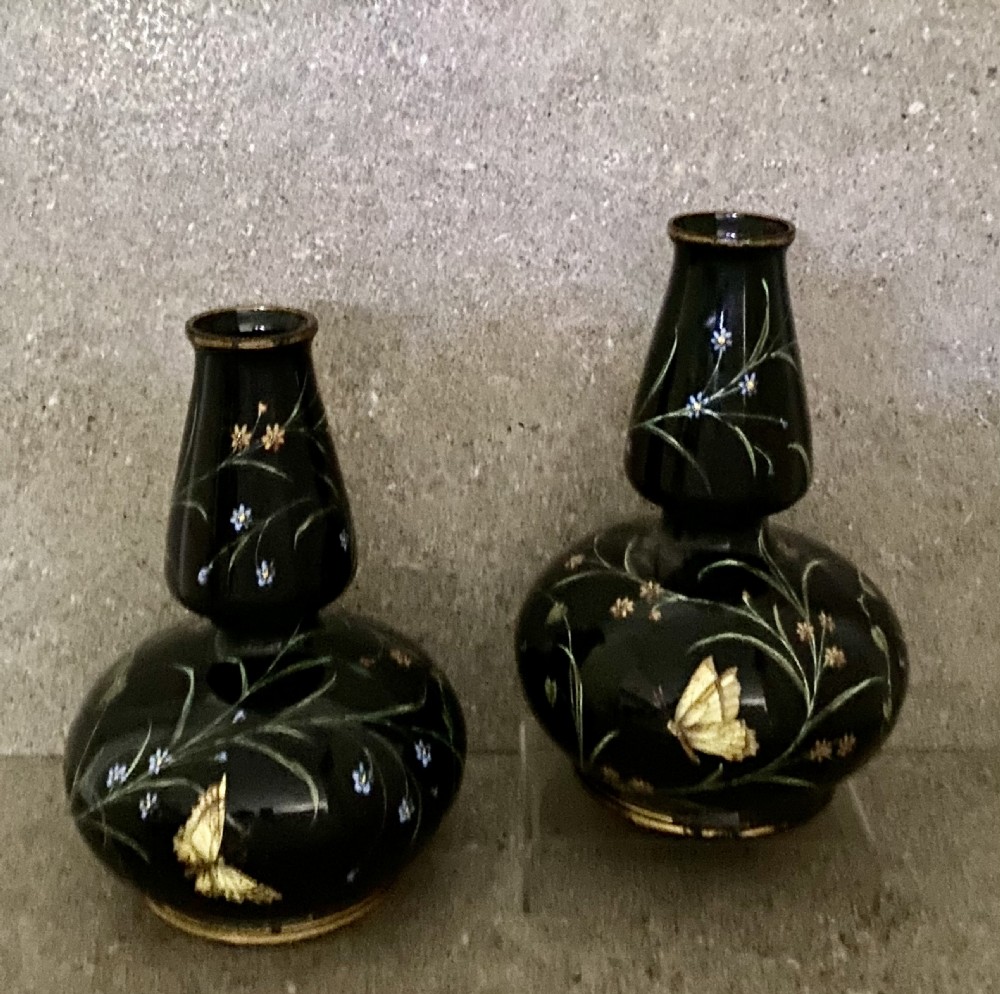 SUPERB PAIR OF VICTORIAN ENAMELLED BLACK GLASS VASES CIRCA 19TH CENTURY