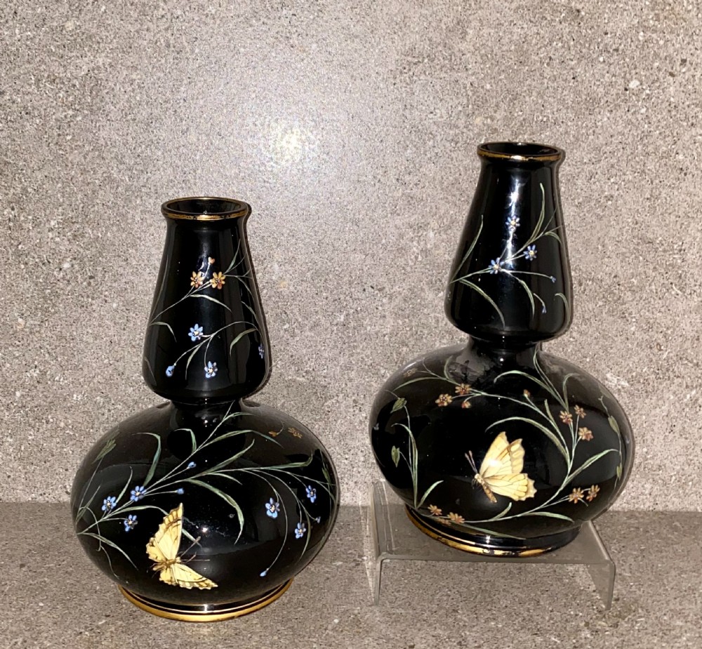 SUPERB PAIR OF VICTORIAN ENAMELLED BLACK GLASS VASES CIRCA 19TH CENTURY View II