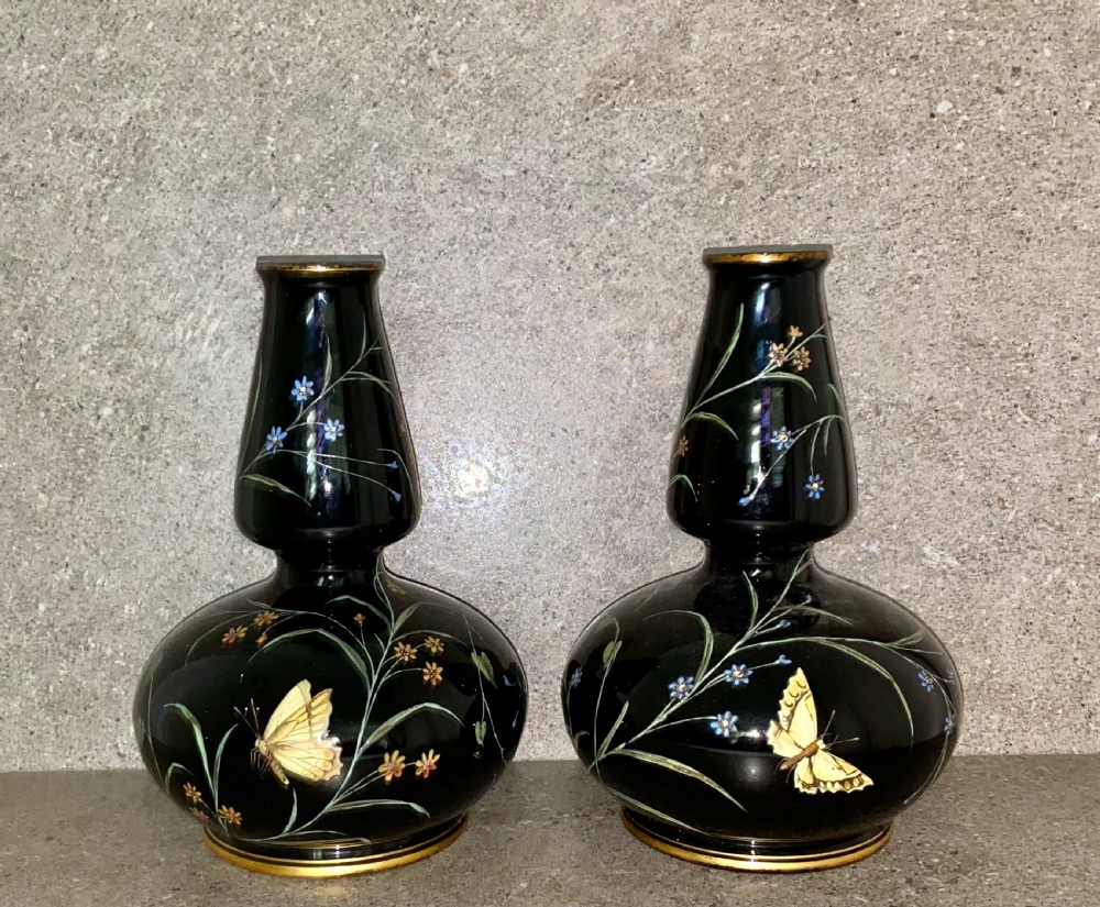 SUPERB PAIR OF VICTORIAN ENAMELLED BLACK GLASS VASES CIRCA 19TH CENTURY View III