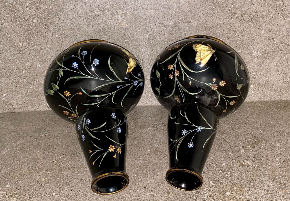 SUPERB PAIR OF VICTORIAN ENAMELLED BLACK GLASS VASES CIRCA 19TH CENTURY View IV