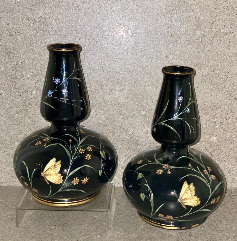 SUPERB PAIR OF VICTORIAN ENAMELLED BLACK GLASS VASES CIRCA 19TH CENTURY View V