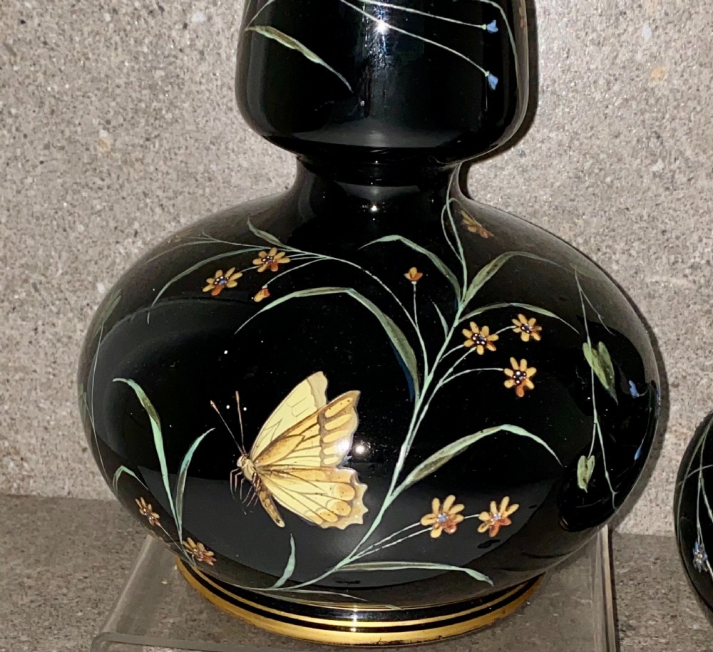 SUPERB PAIR OF VICTORIAN ENAMELLED BLACK GLASS VASES CIRCA 19TH CENTURY View VI