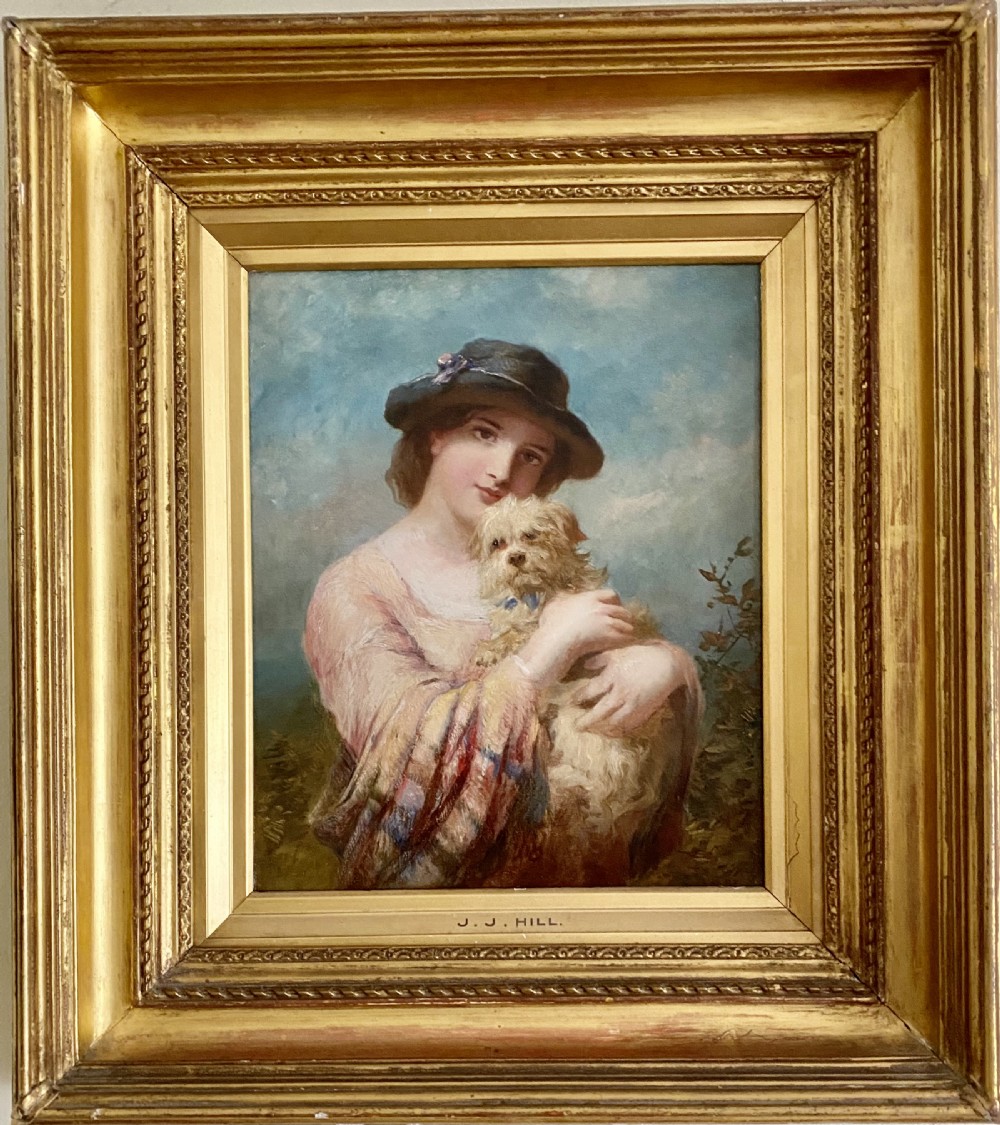 James John Hill RBA (1811 - 1882)  A Lady and her Dog. Oil on canvas