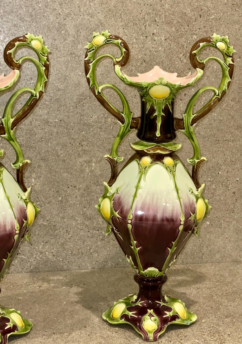 Pair of Large Majolica Vases by Julius Dressler, Austria, circa 1885 View VII