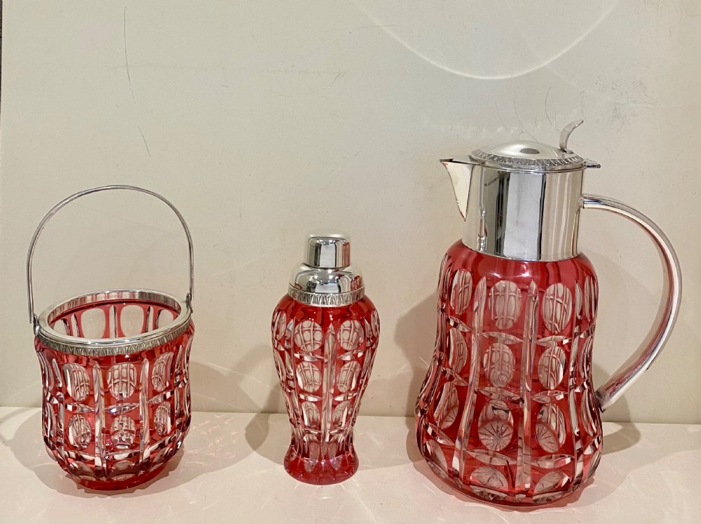 Large Cranberry Cut Glass & Silver Cocktail Set View IV