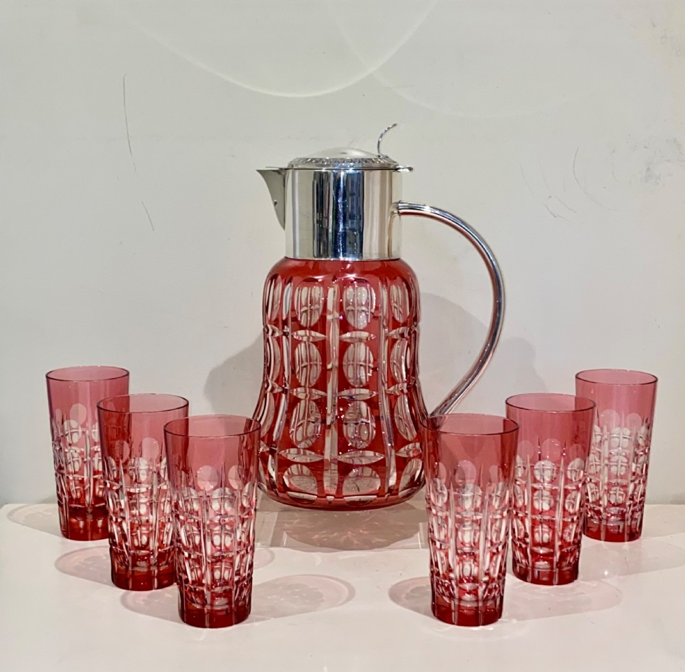 Large Cranberry Cut Glass & Silver Cocktail Set View V