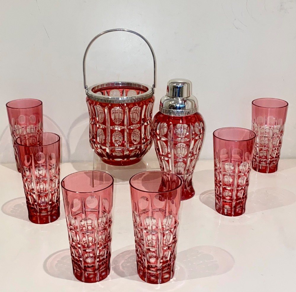 Large Cranberry Cut Glass & Silver Cocktail Set View XIV