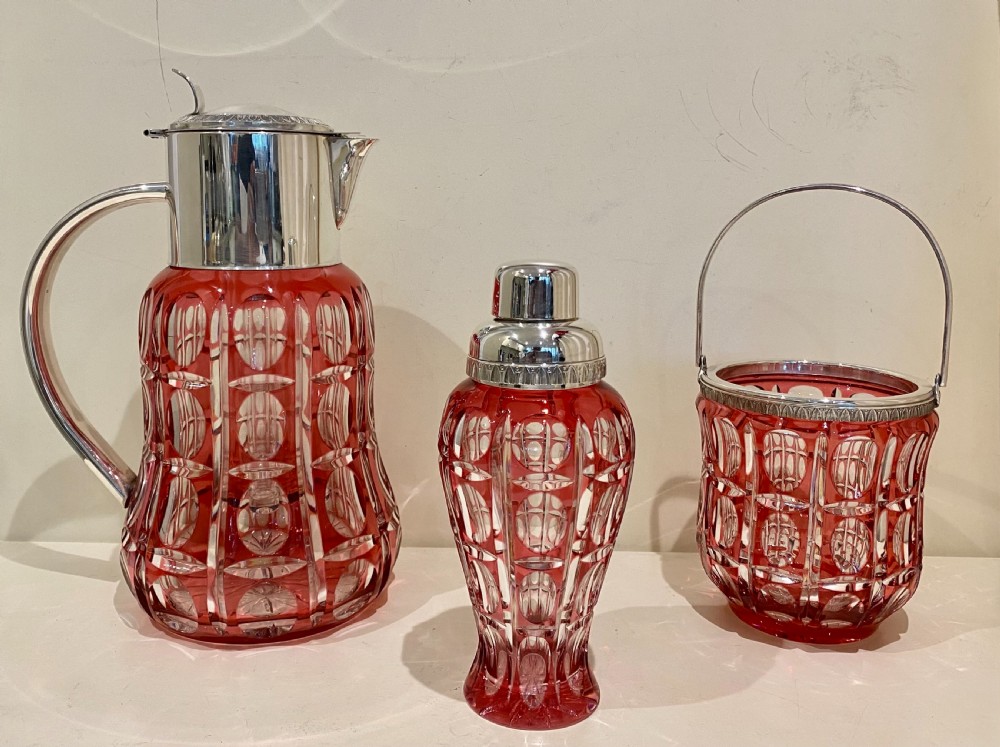 Large Cranberry Cut Glass & Silver Cocktail Set View XVII