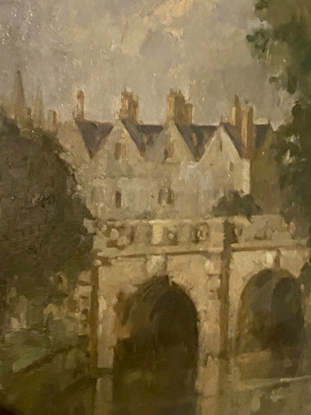 A framed oil painting on board depicting Magdalene Bridge in Oxford, featuring stone arches over water surrounded by trees and classical architecture. View III