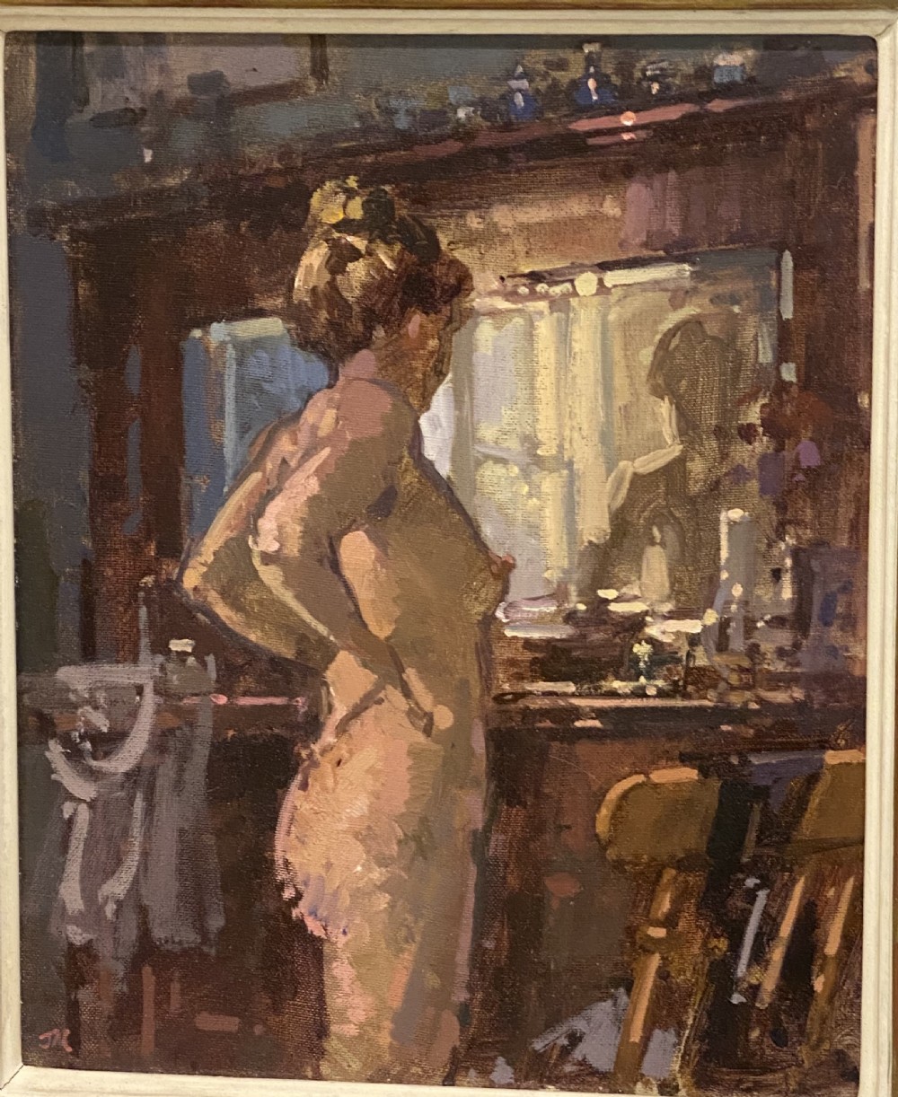 John Martin 1957 RBA. Impressionist Nude Oil Painting Signed. Bella at the Dresser View III