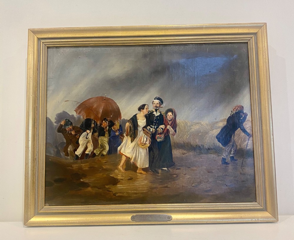 A 19th-century oil painting depicting several figures walking through rain under an umbrella, housed in a moulded gold frame. View II