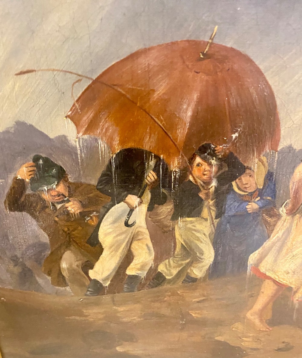 A 19th-century oil painting depicting several figures walking through rain under an umbrella, housed in a moulded gold frame. View VI