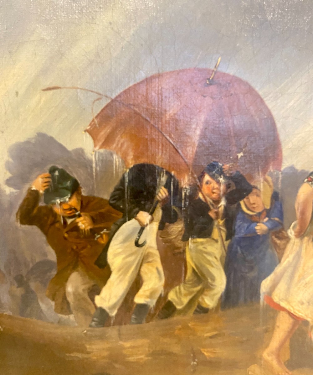 A 19th-century oil painting depicting several figures walking through rain under an umbrella, housed in a moulded gold frame. View X