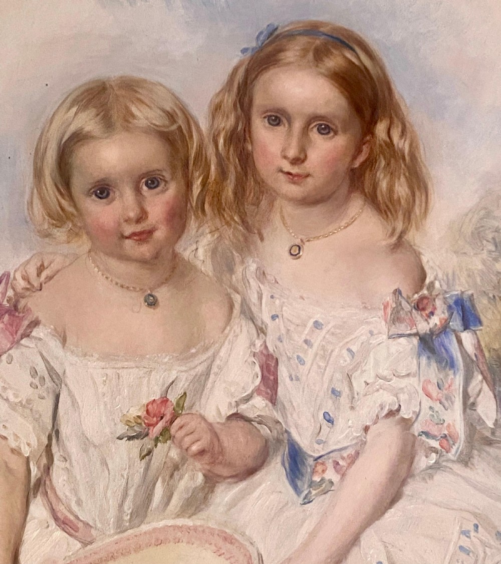 A Large Victorian Eye Catching Double Portrait Painting of two pretty sisters View III