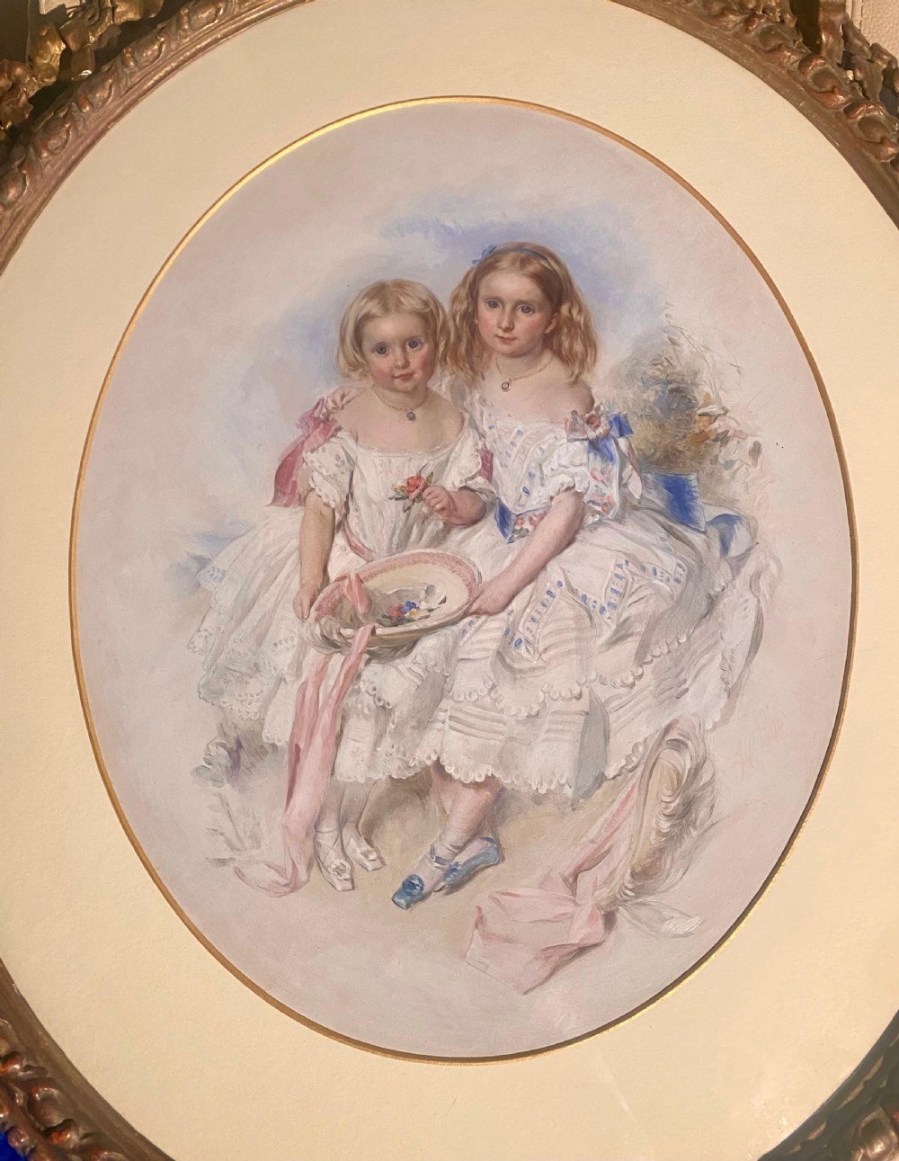 A Large Victorian Eye Catching Double Portrait Painting of two pretty sisters View II