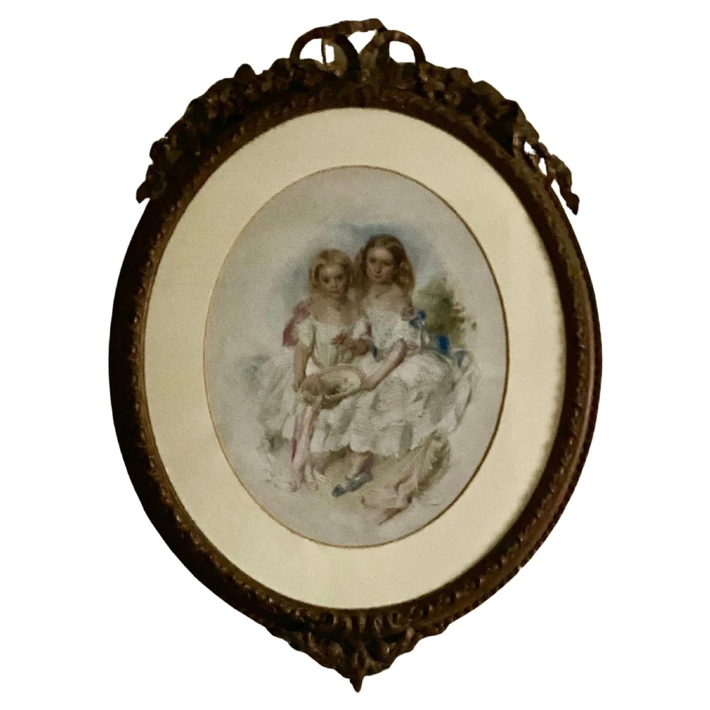 A Large Victorian Eye Catching Double Portrait Painting of two pretty sisters View IV