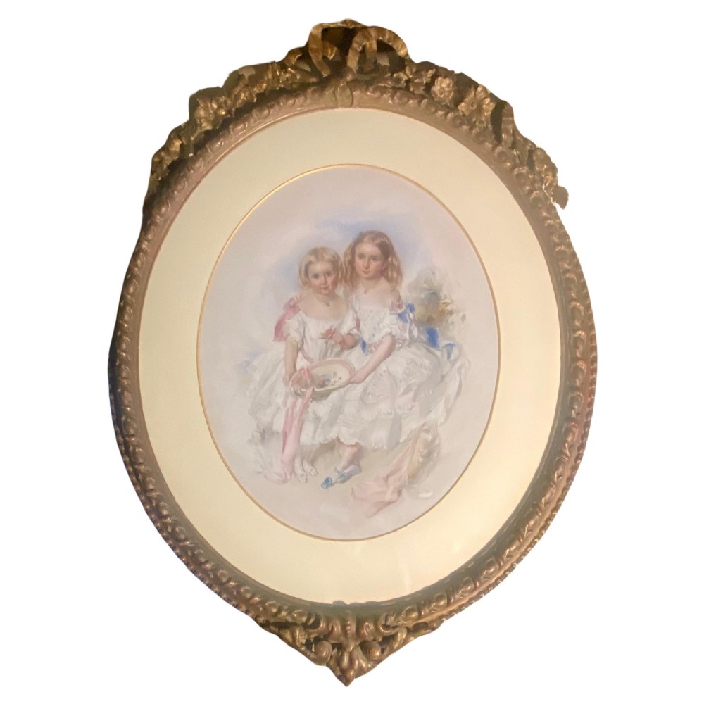 A Large Victorian Eye Catching Double Portrait Painting of two pretty sisters