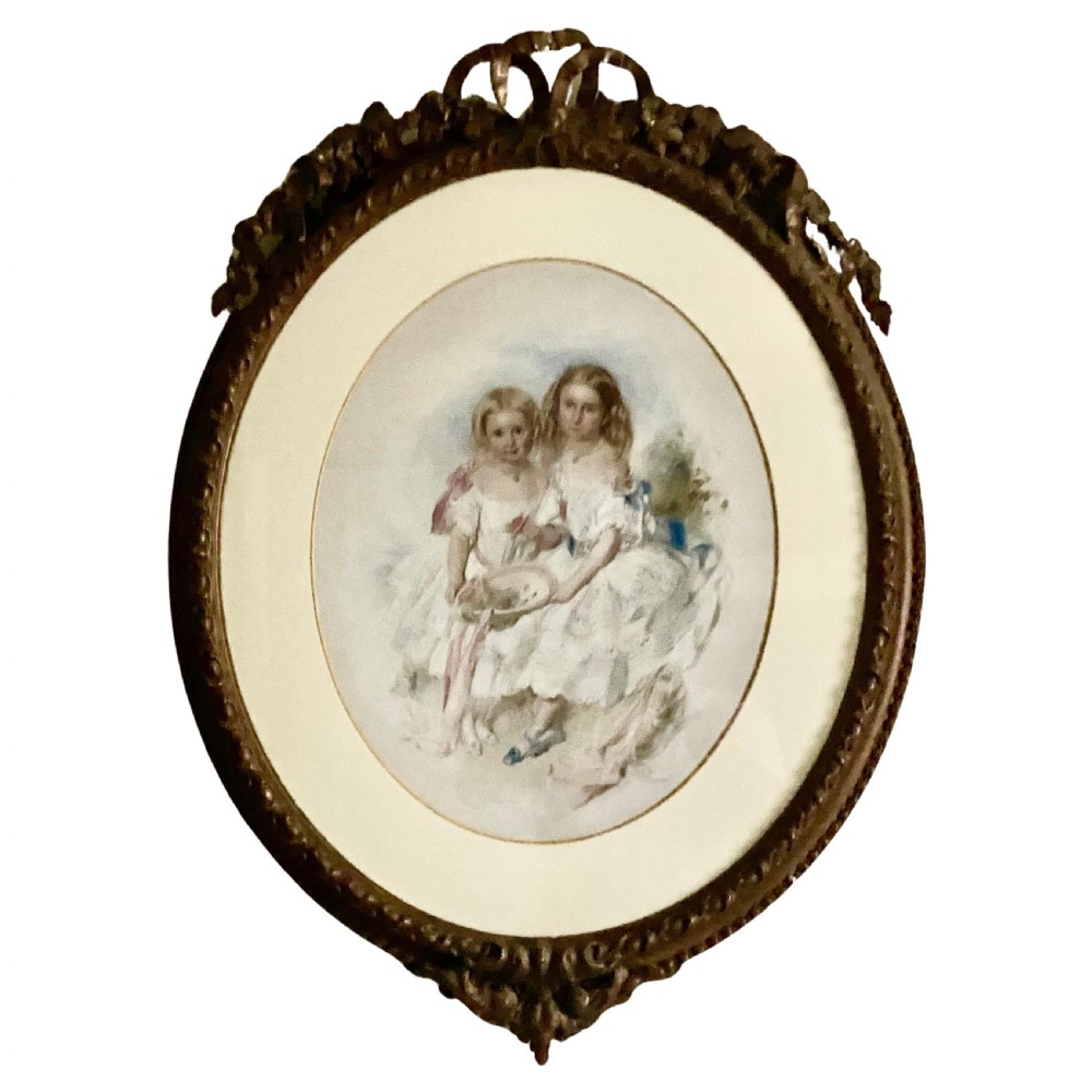 A Large Victorian Eye Catching Double Portrait Painting of two pretty sisters View VI
