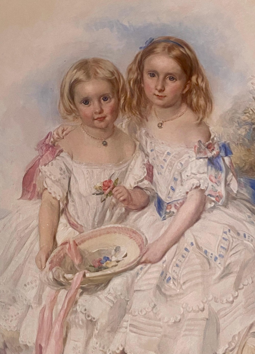 A Large Victorian Eye Catching Double Portrait Painting of two pretty sisters View VIII