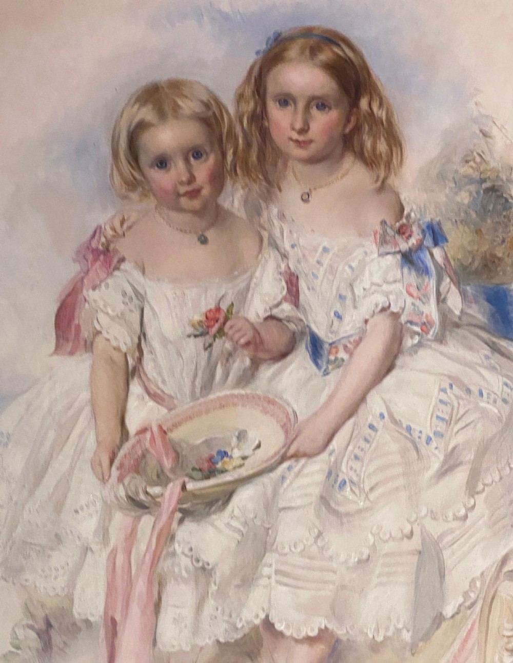 A Large Victorian Eye Catching Double Portrait Painting of two pretty sisters View IX