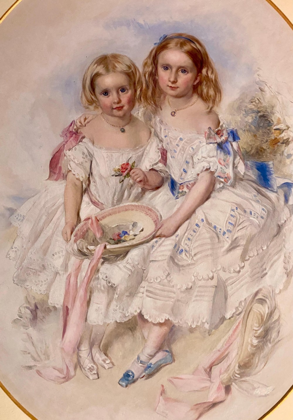 A Large Victorian Eye Catching Double Portrait Painting of two pretty sisters View X