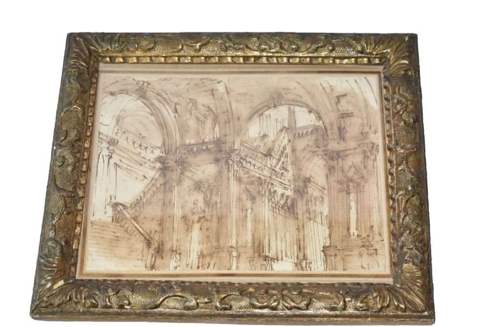 An 18th-century sepia architectural drawing of classical vaulted arches and columns set within an ornate carved giltwood frame.