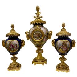 A LARGE SEVRES PORCELAIN GILT BRONZE 3 PIECE CLOCK GARNITURE SET