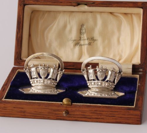 fig 1. Pair of Cased Silver Royal Naval Crown Menu Holders by JW Benson.