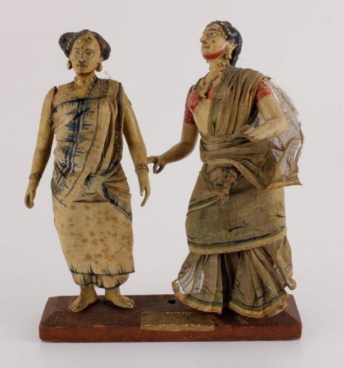 Carved Polychrome Wooden Indian Figures of Lady Dancers.