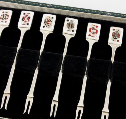 fig 1. Garrard & Co Silver Enamel Playing Card Cocktail Sticks