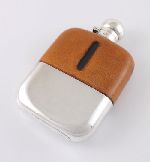 fig 1. James Dixon Silver Plate & Leather Spirit Hip Flask & Cup
