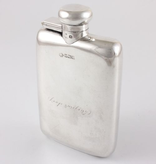 Silver Spirit Hip Flask. Keep Smiling. William Hutton 1915.