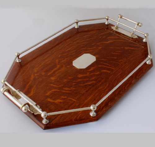 Large English Oak & Silver Plate Gallery Tray.