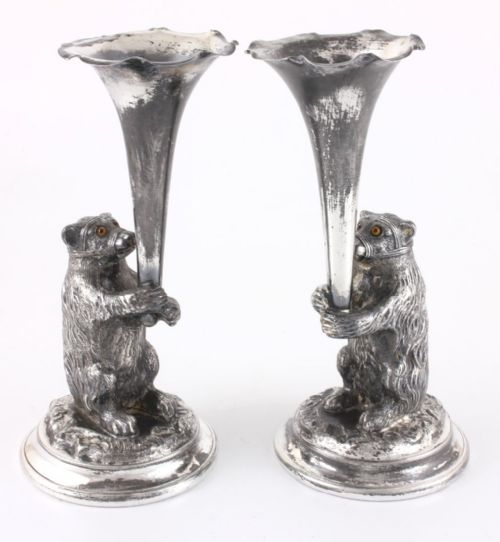 Victorian Novelty Bear Spill Vases with Glass Eyes.