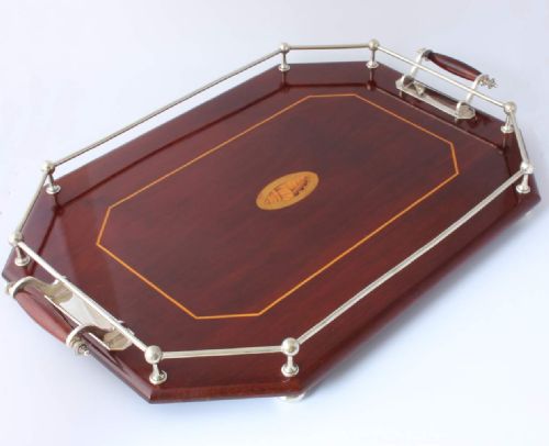 Large Mahogany & Silver Plate Inlaid Gallery Tray.