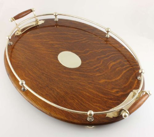 Oak & Silver Plated Large Oval Gallery Cocktail Tray.