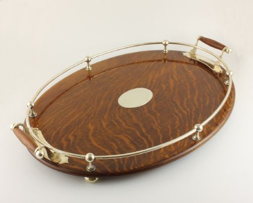 fig 1. Oak & Silver Plated Large Oval Gallery Cocktail Tray.