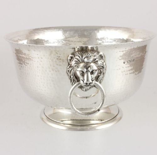 Solid Silver Hammered Lion Bowl Champagne Wine Cooler. 1919.