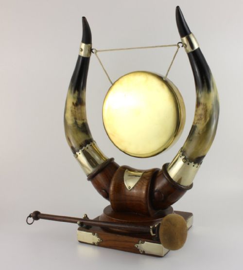 Oak, Bovine Horn, Silver Plate & Brass Gong.