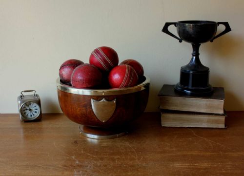 fig 1. Silver Plated Trophy Bowl With 12 Leather Cricket Balls.