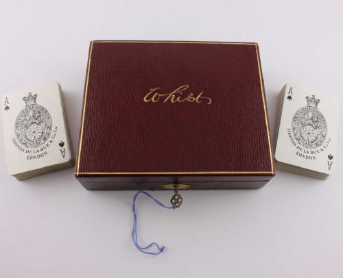 fig 1. B Finnigan Manchester Red Leather Whist Box & Playing Card Set.