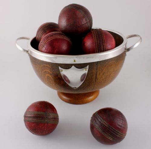 Oak Silver Plate Trophy Bowl & 12 Leather Cricket Balls.