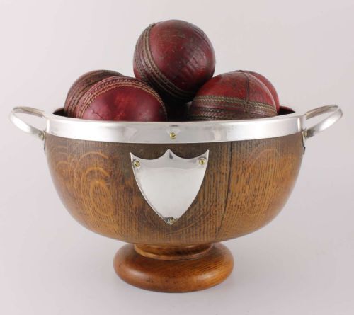 fig 1. Oak Silver Plate Trophy Bowl & 12 Leather Cricket Balls.