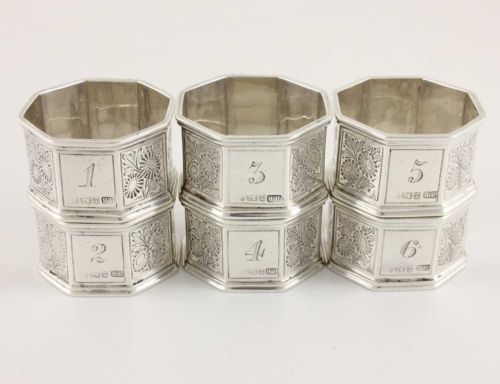 fig 1. Six Octagonal Solid Silver Numbered Napkin Rings.