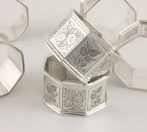 fig 2. Six Octagonal Solid Silver Numbered Napkin Rings.