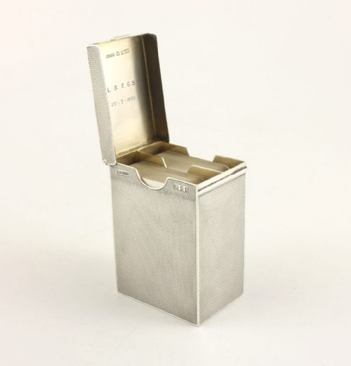 fig 1. Asprey & Co Silver Engine Turned Patience Playing Card Box. 1928.