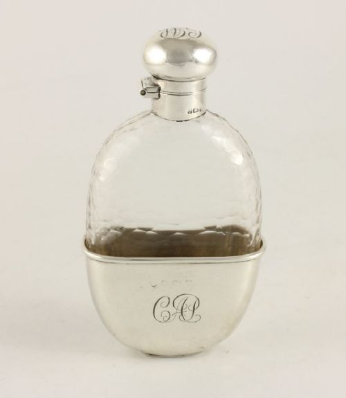 fig 1. Textured Glass Spirit Hip Flask & Solid Silver Cup.
