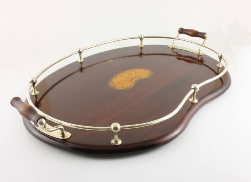 Mahogany Silver Plate Kidney Shape Gallery Tray.