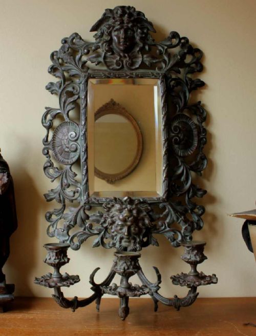 French Bronze  Triple Sconce Wall Mirror