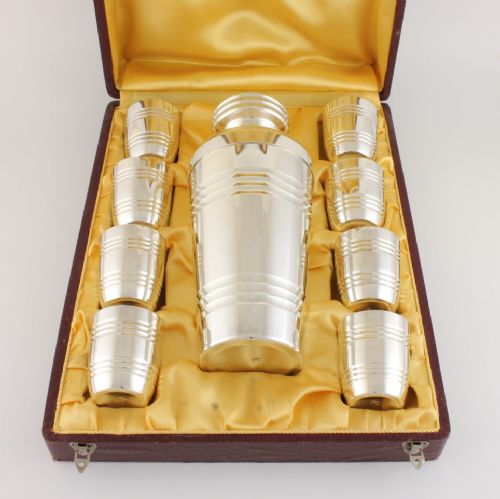 French Silver Plate Cocktail Shaker & Beaker Set Boxed. St Medard C1930.